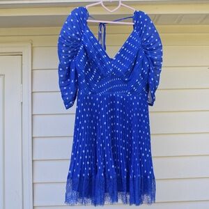 Self-Portrait Blue Polka Dot Dress with Lace Hem